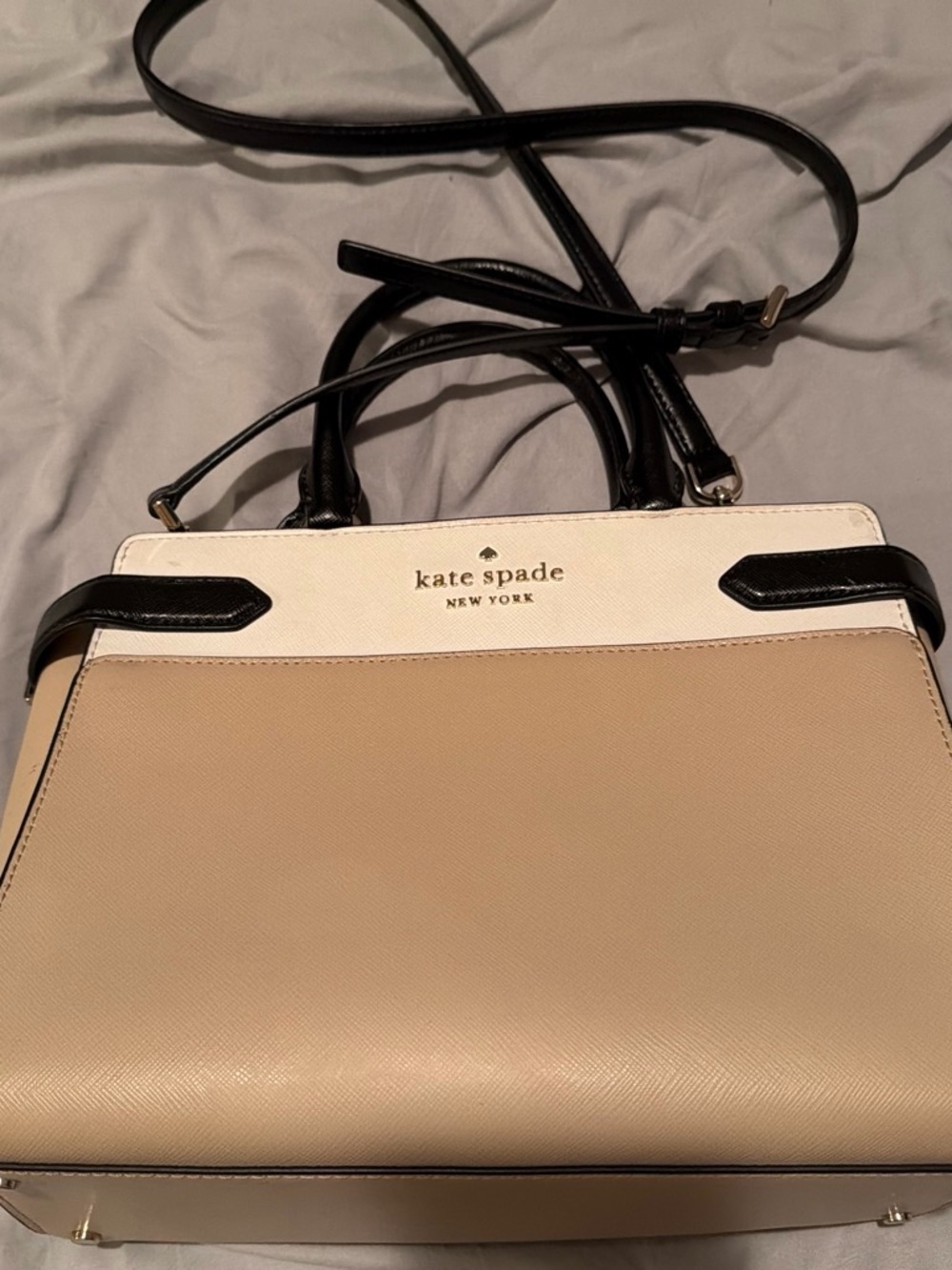 kate spade New York Beige, White & Black Leather Satchel